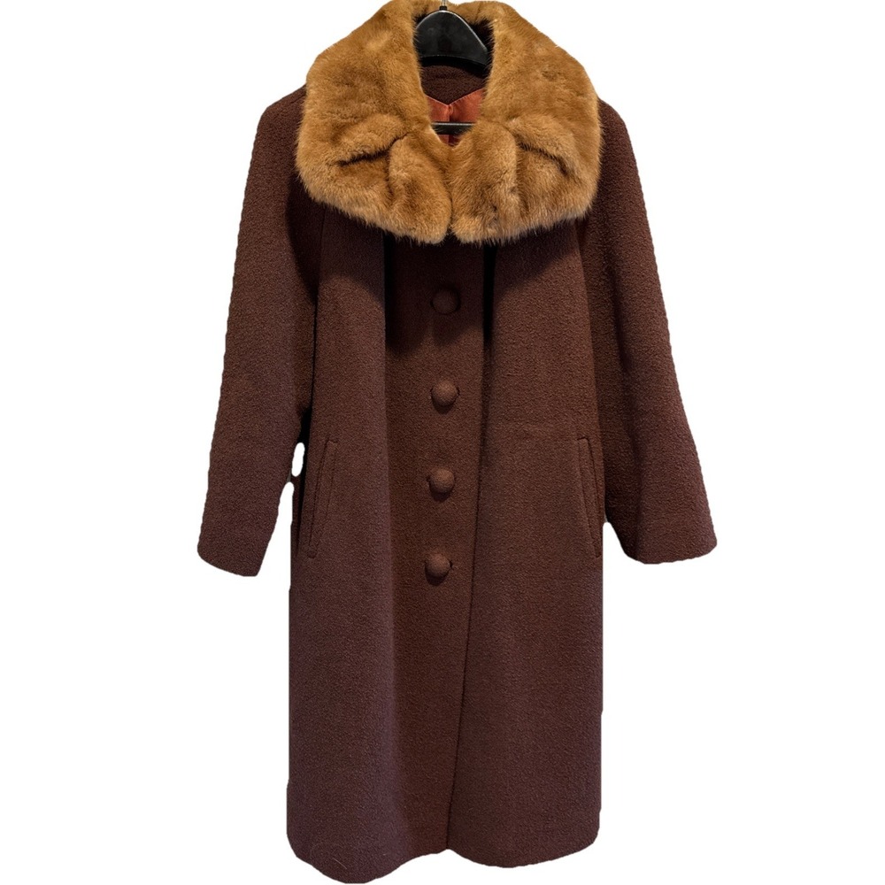 Vintage Forstmann Frizelda Womens Sz M‎ Brown Wool & Fur Coat 1950's Union Made